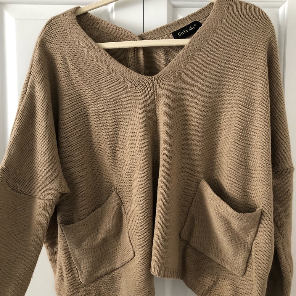 Tan Cropped Sweater with Button Detailed Back